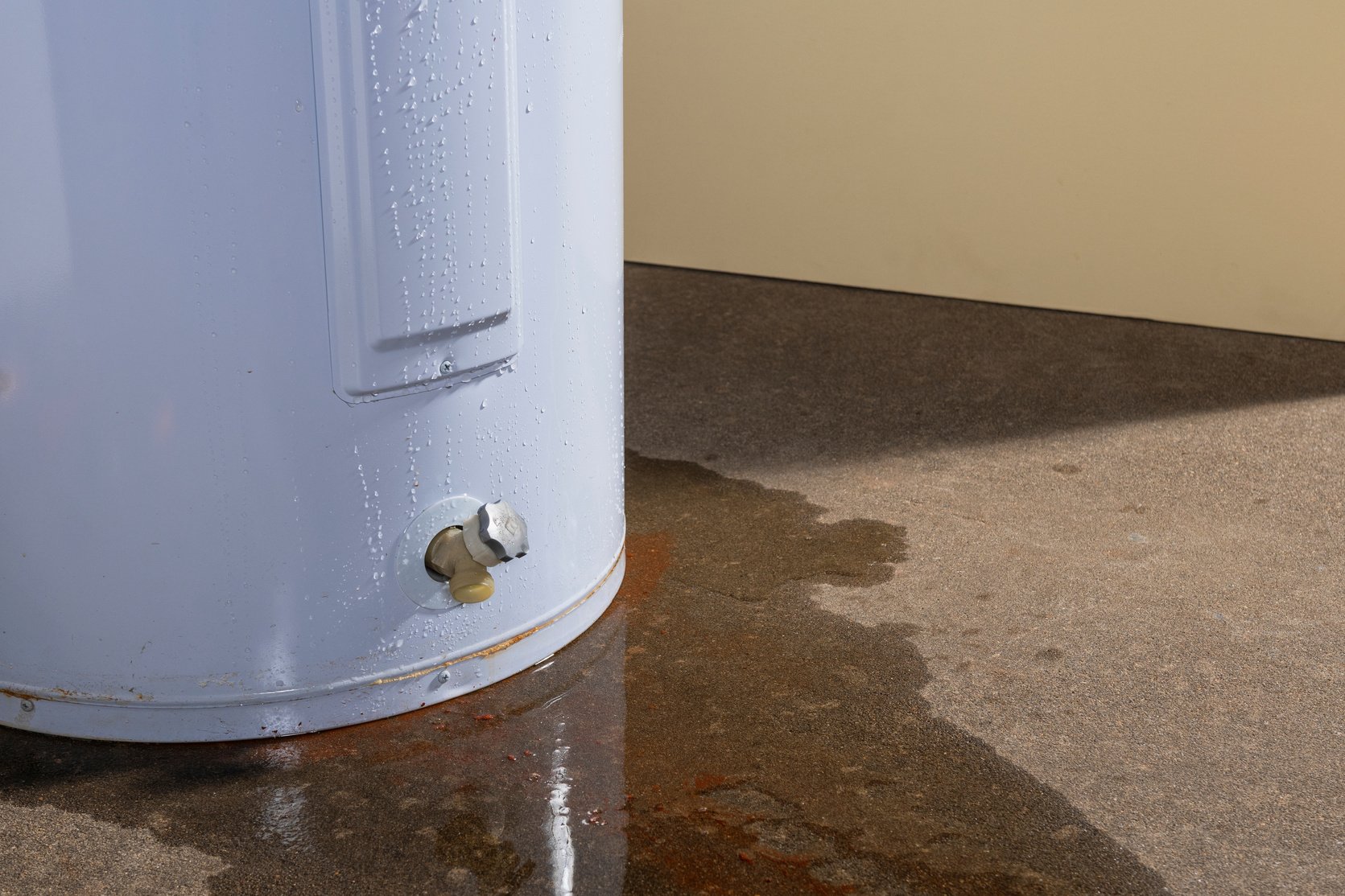 A domestic water heater leaking with signs of rust and iron in the water